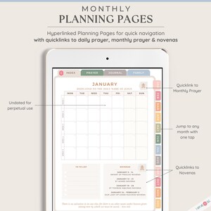 May include: A digital tablet screen displaying a monthly planner with a calendar for January. The calendar is dedicated to the Holy Name of Jesus. The planner includes sections for to-do lists, novenas, and a monthly prayer. The screen also shows a side bar with quick links to other months and novenas.
