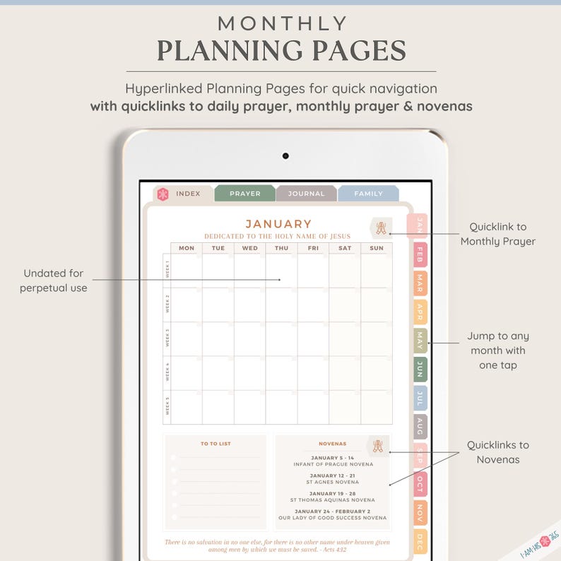 May include: A digital tablet screen displaying a monthly planner with a calendar for January. The calendar is dedicated to the Holy Name of Jesus. The planner includes sections for to-do lists, novenas, and a monthly prayer. The screen also shows a side bar with quick links to other months and novenas.