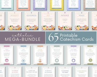 Printable Catechism Cards Catholic Mega-Bundle 65 | Works of Mercy | 10 Commandments | Beatitudes | Fruits & Gifts of the Spirit | Scripture