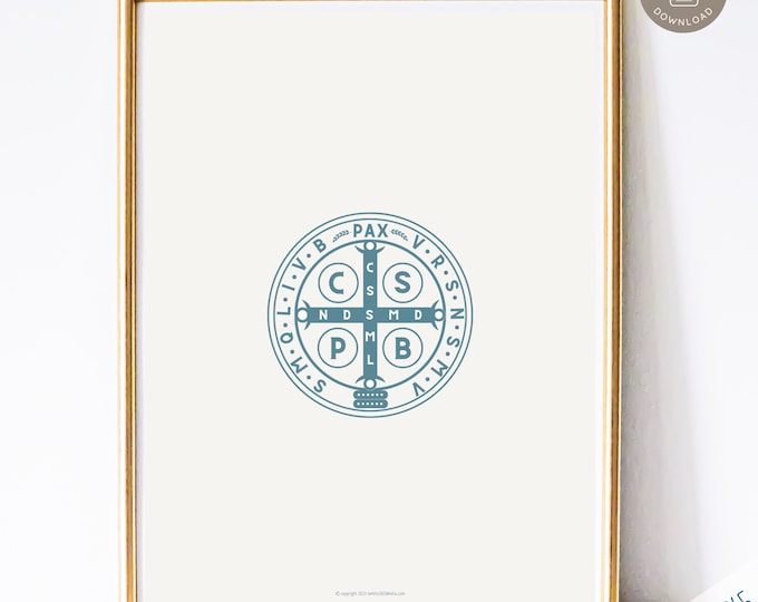 St Benedict Medal - Printable Catholic Wall Art Print, Catholic Home Decor, Digital Catholic Art Print, AMDG, St Benedict Medal in Blue