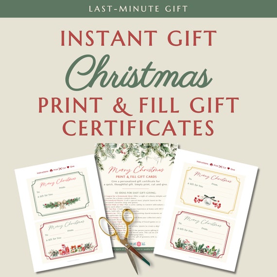 Instant Printable Christmas Gift | DIY Print & Cut Gift Certificates | 10 Gift Ideas Included | Printable Gift Card | Digital Christmas Gift