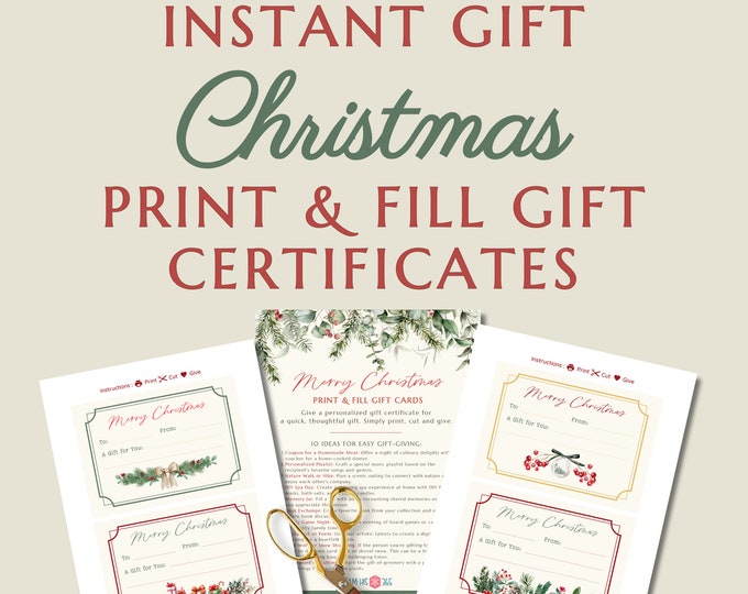 Instant Printable Christmas Gift | DIY Print & Cut Gift Certificates | 10 Gift Ideas Included | Printable Gift Card | Digital Christmas Gift