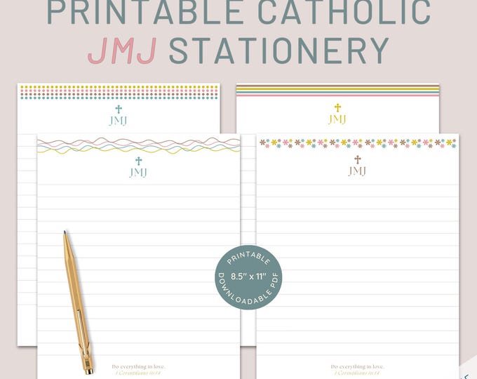 Printable Catholic Stationery | JMJ Catholic Letterhead | 8.5x11 inch Stationery | PDF Lined Writing Paper | Jesus Mary Joseph Lined Paper