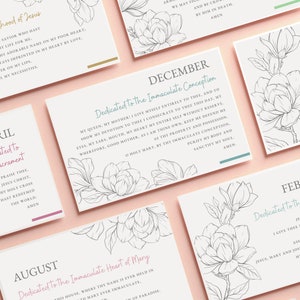 May include: A set of printable cards with floral illustrations and text dedicated to different months of the year and religious figures. The cards feature the months of August, December, February, and April. The text on the cards includes the names of the months, the names of religious figures, and prayers dedicated to them.