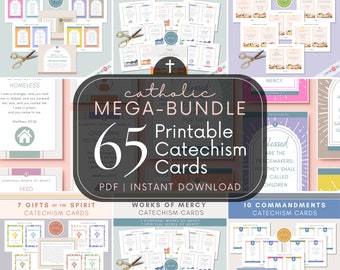 Catholic Mega-Bundle 65 Printable Catechism Cards | Works of Mercy | 10 Commandments | Beatitudes | Fruits & Gifts of the Spirit | Scripture