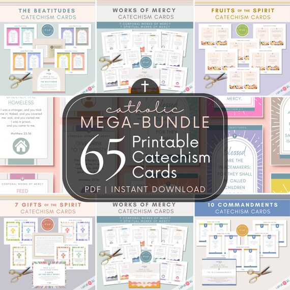 Catholic Mega-Bundle 65 Printable Catechism Cards | Works of Mercy | 10 Commandments | Beatitudes | Fruits & Gifts of the Spirit | Scripture