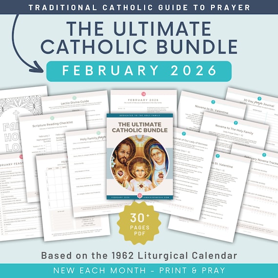 FEBRUARY Catholic Prayer Pack: Printable 1962 Liturgical Planner, Activities, Novenas, Trackers, Lectio Divina, Guided Journal, Coloring