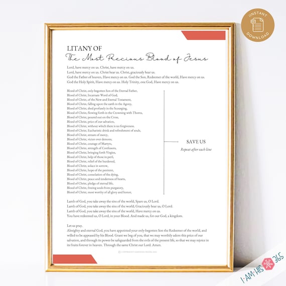 Litany of the Precious Blood of Jesus Printable Catholic Prayer Print, Homeschool Poster, Catholic Wall Art, Digital Prayer Print, Litany