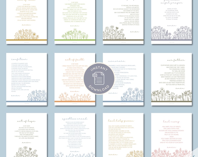 Catholic Prayer Print Set of 12 - Catholic Prayer Printable, Classroom Art, Catechism, PDF Download, Our Father, Hail Mary, Memorare
