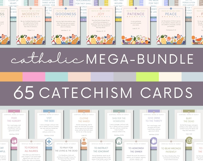 Printable Catechism Cards Catholic Mega-Bundle 65 | Works of Mercy | 10 Commandments | Beatitudes | Fruits & Gifts of the Spirit | Scripture