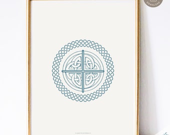 Celtic Round Stone Cross Art Print, Irish Catholic Art Print, Catholic Home Decor, Digital Catholic Art Print, Celtic Cross in Blue