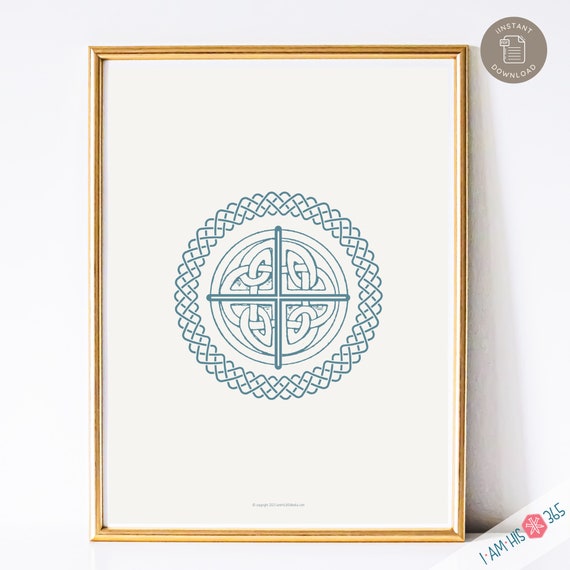 Celtic Round Stone Cross Art Print, Irish Catholic Art Print, Catholic Home Decor, Digital Catholic Art Print, Celtic Cross in Blue