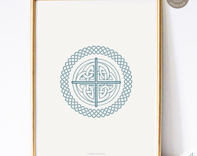 Celtic Round Stone Cross Art Print, Irish Catholic Art Print, Catholic Home Decor, Digital Catholic Art Print, Celtic Cross in Blue