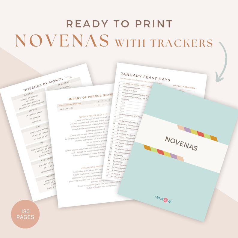 Op de afbeelding: Een turquoiseblauw boekje met de titel "NOVENAS" in kleurrijke strepen. Het boekje maakt deel uit van een set printbare katholieke gebedsleiders met trackers, met 130 pagina's met novenen per maand en feestdagen.