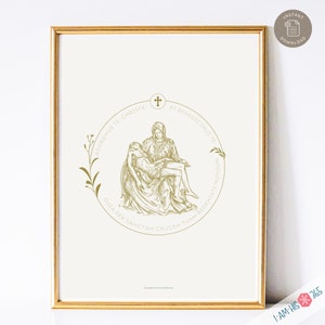 Pieta Katholischer Kunstdruck, Katholischer Wohndekor, Digitaler Katholischer Kunstdruck, Pieta Jesus und Maria mit dem lateinischen Gebet in Gold
