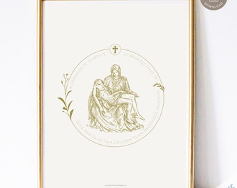 Pieta Katholischer Kunstdruck, Katholischer Wohndekor, Digitaler Katholischer Kunstdruck, Pieta Jesus und Maria mit dem lateinischen Gebet in Gold
