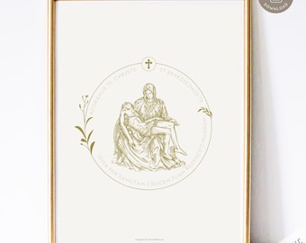 Pieta Catholic Art Print, Catholic Home Decor, Digital Catholic Art Print, Pieta Jesus and Mary With Latin Prayer in Gold
