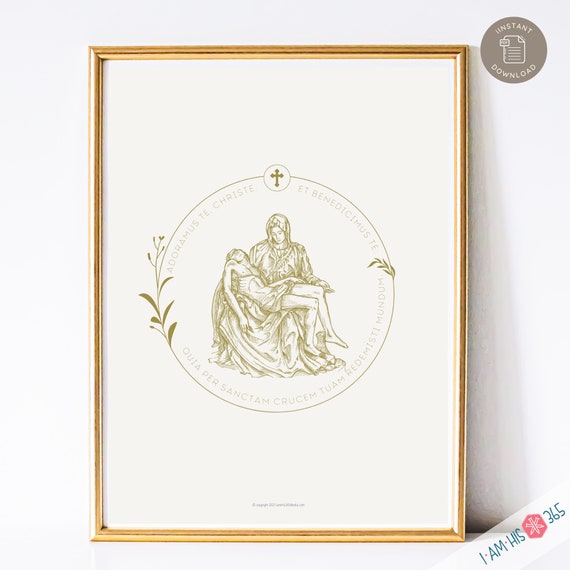 Pieta Catholic Art Print, Catholic Home Decor, Digital Catholic Art Print, Pieta Jesus and Mary With Latin Prayer in Gold