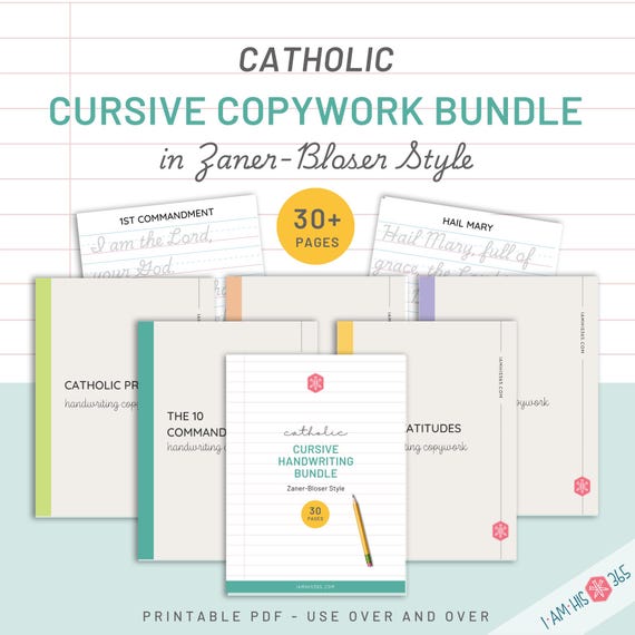 Catholic Cursive Worksheet Bundle for Catechism | Scripture | Saints | 10 Commandments | Beatitudes | Cursive Handwriting Practice