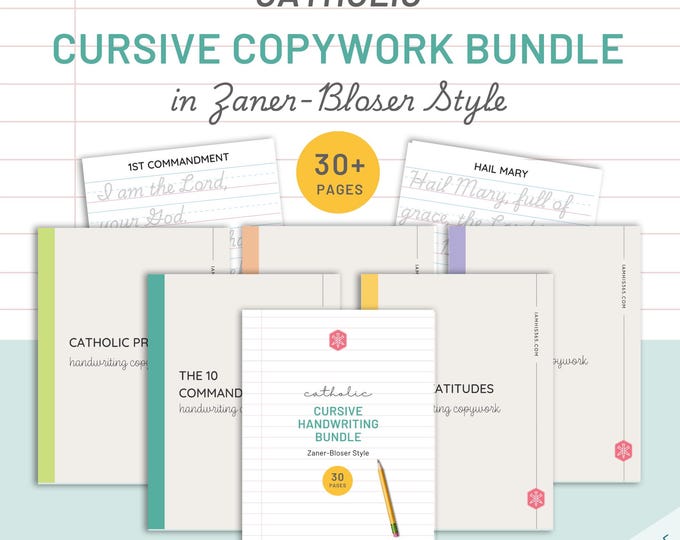 Catholic Cursive Worksheet Bundle for Catechism | Scripture | Saints | 10 Commandments | Beatitudes | Cursive Handwriting Practice