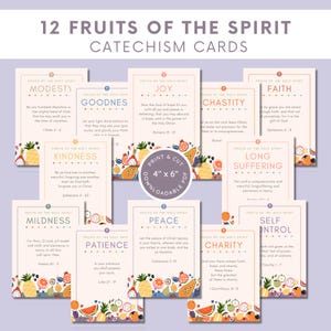de catéchisme des Fruits du Saint-Esprit | Verset biblique | Cartes Vertu | Cartes bibliques traditionnelles catholiques | Bible de Douay Reims