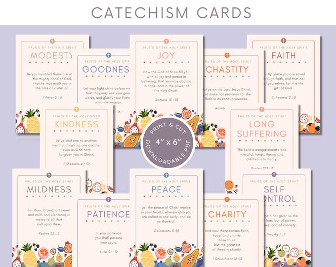 Fruits of the Holy Spirit Catechism Cards | Bible Verse | Virtue Cards | Traditional Catholic Bible Scripture Cards | Douay Rheims Bible