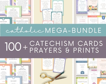 Printable Catholic Catechism Bundle | 78 Catechism Cards | 12 Prayer Prints | 12 Kids Prayer Cards | Homeschool Bundle | Classroom Decor
