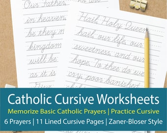 Catholic Cursive Worksheets for Memorizing 6 Basic Prayers & Practicing Handwriting | Catholic Education | Rosary Prayers
