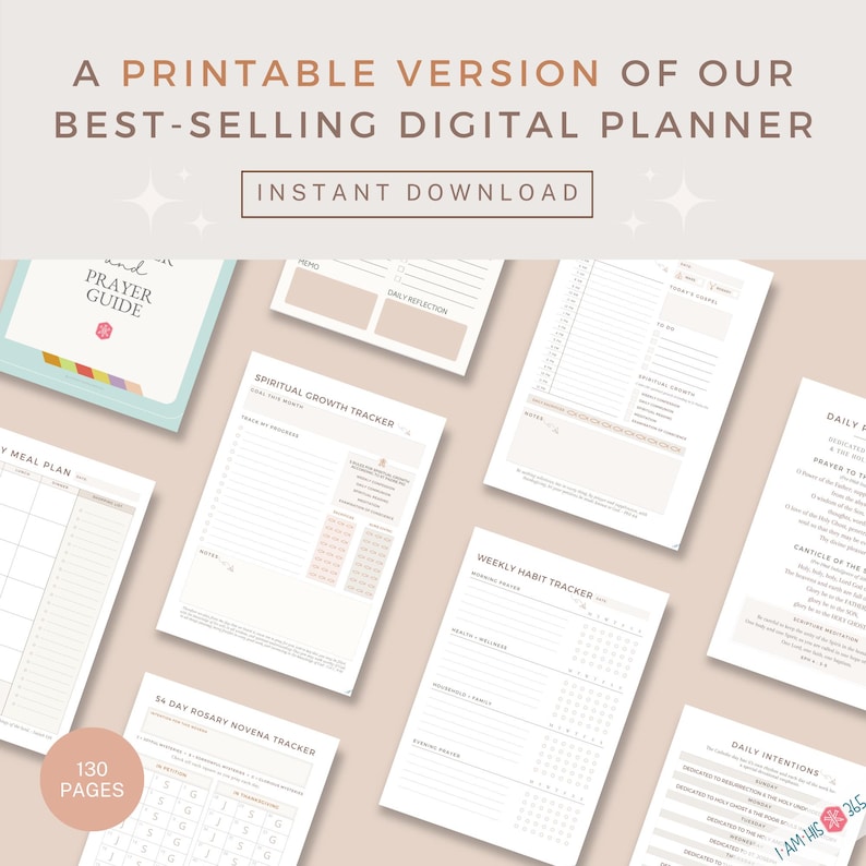 Op de afbeelding: Een printbare versie van een digitale planner met 130 pagina's. De planner bevat secties voor dagelijkse reflectie, spirituele groeitracking, wekelijkse gewoontetracking, een 54-daagse rozenkransnovena-tracker en dagelijkse intenties. De planner is ontworpen met een minimalistische esthetiek en heeft een lichtroze achtergrond.