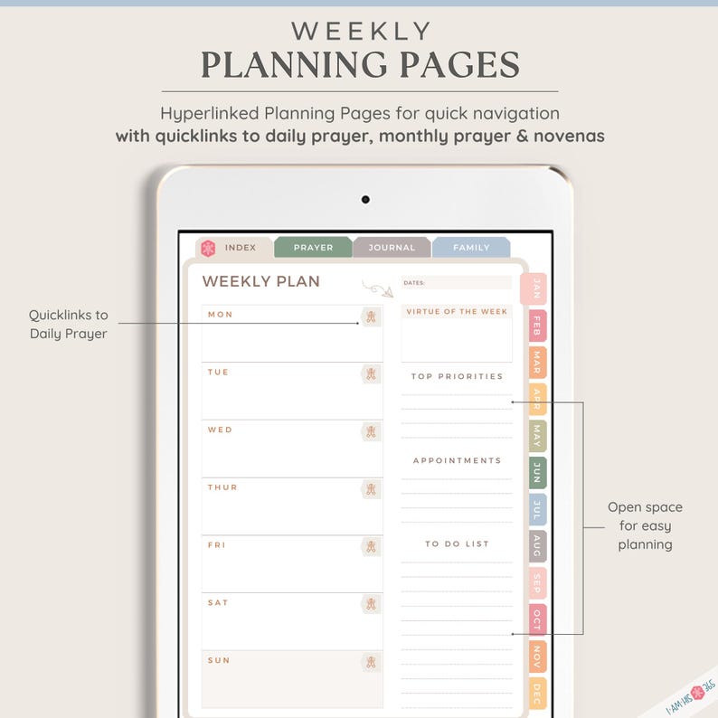 May include: A digital weekly planner app with tabs for index, prayer, journal, and family. The app features a weekly calendar with space for daily tasks, appointments, and to-do lists. It also includes a section for the virtue of the week and top priorities.