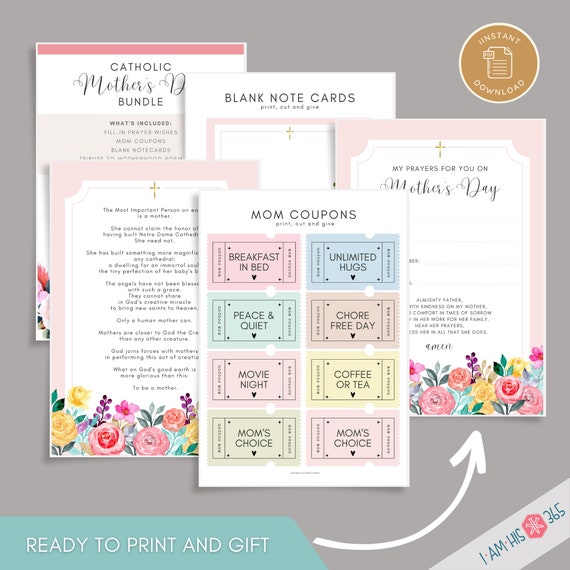Mother's Day Gift Bundle : 4 Printable Gifts - A Tribute to Motherhood Art Print | Gift Coupons | Custom Prayer Keepsake | Blank Notecards