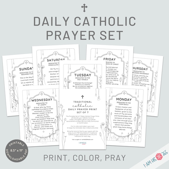 Catholic Prayer Print Set of 7: Color & Pray Christian Art (PDF Download)