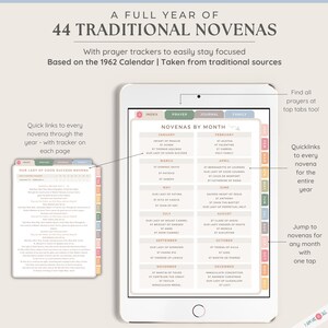 May include: A digital planner with a colorful tabbed interface for tracking 44 traditional novenas throughout the year. The planner includes a calendar, prayer tracker, journal, and family sections. The text "NOVENAS BY MONTH" is displayed at the top of the planner.