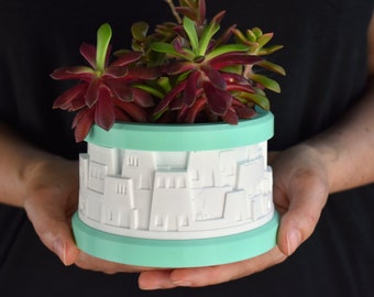 Village Skyline Planter Pot with Tray