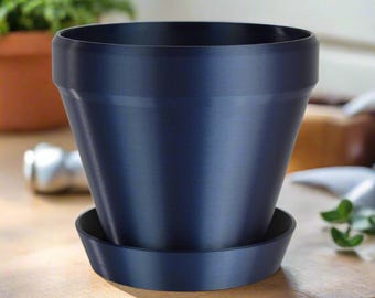 Large Classic Flower Pot, 8-inch Round Planter, Dark Blue Metallic, Indoor / Outdoor