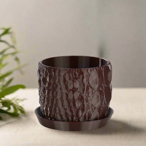 May include: A dark brown ceramic planter with a textured, crocodile-skin-like design. The planter has a matching saucer.
