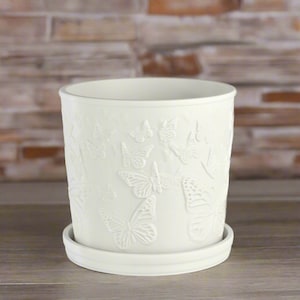 May include: White ceramic planter with a raised butterfly design. The planter has a matching saucer.