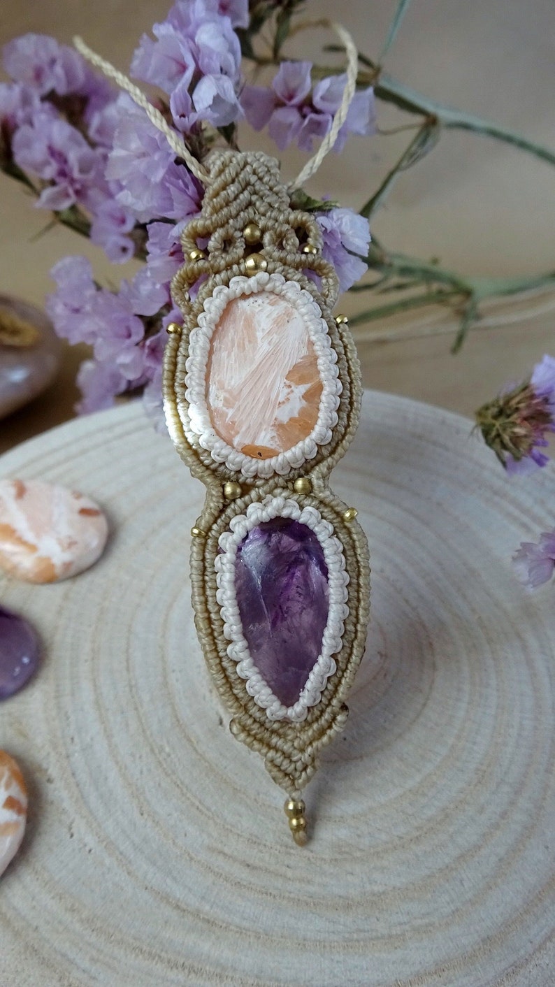 Scolecite & Amethyst Amulet/ Scolecite and Amethyst  Necklace/  Macrame Jewelry/ Healing Crystals/ Ajustable/ Handmade