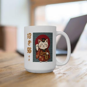 Maneki-neko Female Ceramic Mug | Money Cat Lover Coffee Cup | 15oz | Lucky Cat Mug | Japanese Lucky Charm Tea Cup | Gifts for him or her