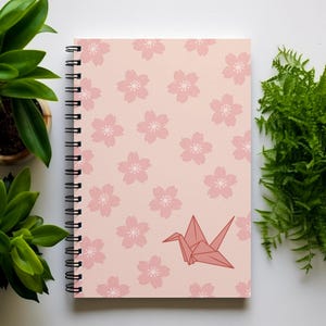 Spiral Notebooks - Pink Sakura with Origami | Soft cover journal |  Japanese Style Journal | Stationery Gift | Relaxing Japanese book cover
