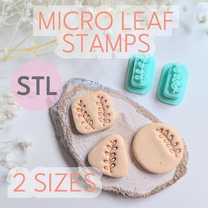 May include: Two turquoise leaf-shaped stamps and three clay impressions of the stamps. The clay impressions are in the shape of a square, a triangle, and a circle. The text "MICRO LEAF STAMPS" and "STL" are visible in the image. The text "2 SIZES" is also visible in the image.