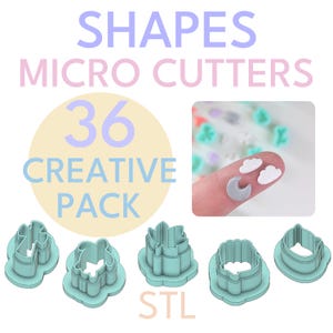 May include: A set of 36 teal blue plastic micro cutters in various shapes, including a leaf, a flower, a cloud, and a crescent moon. The text "36 CREATIVE PACK" and "STL" are visible in the image.