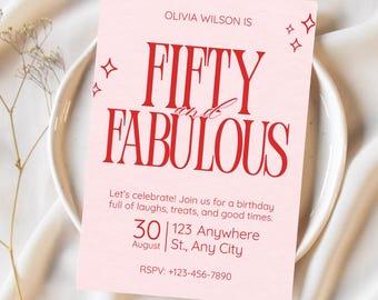 50 and Fabulous Birthday Invitation Pink & Red - Fun Easy to Edit Birthday Invitation - 5x 7 Canva Digital Download