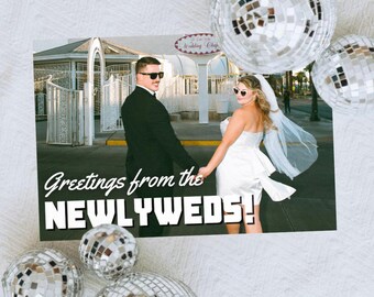 Vintage Hochzeits-Dankeschön-Postkarte ""Greetings from the Newlyweds"" - Foto Dankeschön Postkarte - Retro Hochzeits-Dankeschön"