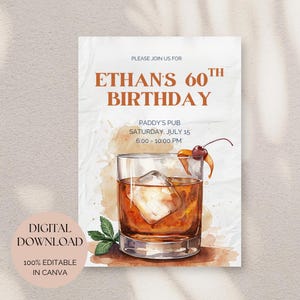 Cheers to 60 Years Beer Birthday Invitation, Editable Whiskey Party Canva Template Digital Download, Laid-back 60th Birthday Invite