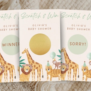 Juego de raspadito para baby shower con temática de selva, juego de safari para bebés, animales de la selva, tarjetas de raspadito, actividad para fiestas