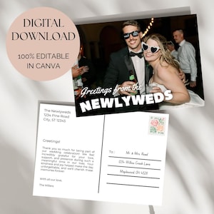 Cartão postal vintage de agradecimento "Saudações dos noivos" – Modelo editável para casamento - 4x6