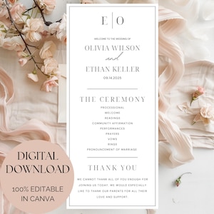 Puede incluir: Un letrero de ceremonia de boda con los nombres Olivia Wilson y Ethan Keller, y la fecha 09.14.2025. El letrero incluye el orden de la ceremonia y un mensaje de agradecimiento. También se ven las palabras "Descarga digital" y "100% editable en Canva".