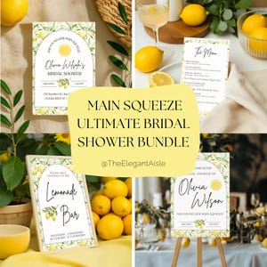 Główny zestaw na wieczór panieński Squeeze Lemon, zaproszenie na temat cytryny, tabliczka powitalna, menu, tabliczki na stół z jedzeniem, edytowalna dekoracja na wieczór cytrusowy