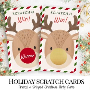 Könnte beinhalten: Zwei Weihnachtskratzkarten mit einem Rentier-Design. Die Karten haben einen cremefarbenen Hintergrund mit einem rot-grün-weißen Rand. Der Text "SCRATCH & Win!" steht oben, und das Wort "Winner" steht auf einem roten Kreis auf einer Karte.